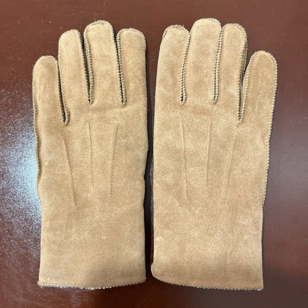 Vintage‎ Women's Suede Leather Gloves M/L Taupe Sherpa Lined